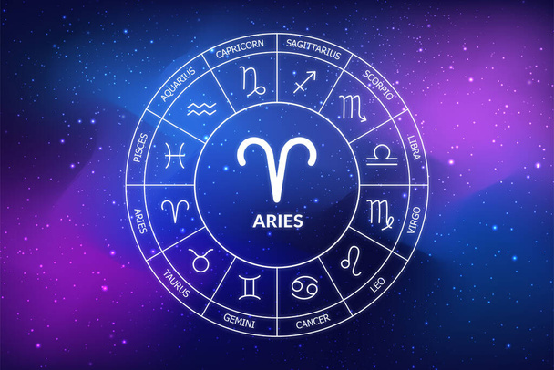 Aries zodiac sign. Abstract night sky background. Aries icon on blue space background. Zodiac circle on a dark blue background of the space. Astrology. Cosmogram. twelve signs of the zodiac - Photo, Image