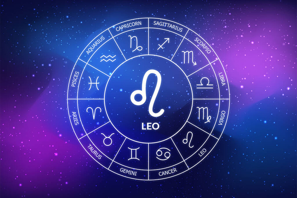 レオ・ゾディアックサイン。抽象的な夜空の背景。青のスペースの背景にレオアイコン。宇宙の濃い青の背景に黄道円。占星術。宇宙船だ。十二支の印 - 写真・画像