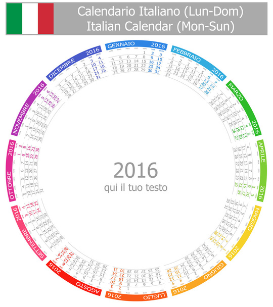 2016 włoski Circle kalendarz pon niedz - Wektor, obraz