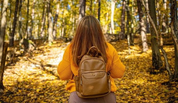 Traveler woman with backpack walking on autumn deep forest. Fall season trekking - Photo, Image
