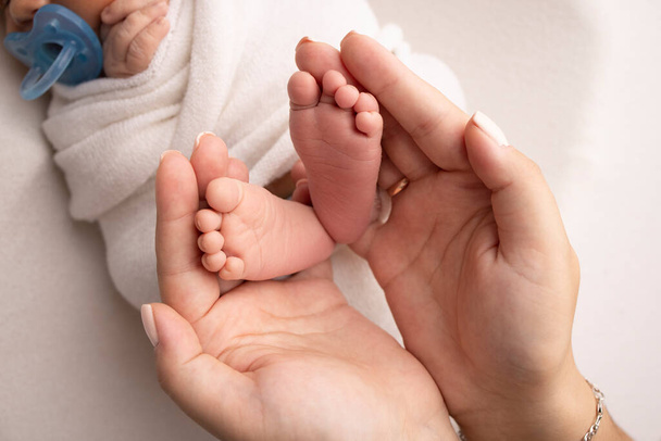 Childrens legs in the hands of mother, father, parents. Feet of a tiny newborn close up. Mom and her child. Happy family concept. Beautiful concept image of motherhood stock photo. - Fotó, kép