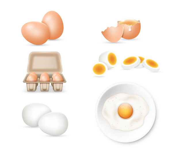 Vejce celá a s rozbitou skořápkou, smažená vejce se žloutkem, zabalená v papírových krabicích otevřených a zavřených. Realistické prvky vajec izolovány. Koncepce zemědělství a skladování produktů. 3D vektorová ilustrace - Vektor, obrázek