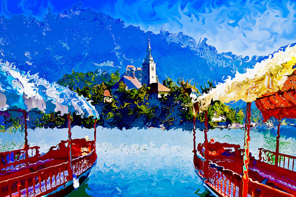 教会の島(ヨーロッパ-スロベニア)とスロベニアで最も有名な湖であるBled Lake -前面に伝統的なプレトナ船で塗装効果を持つアートコンセプトの画像  - 写真・画像