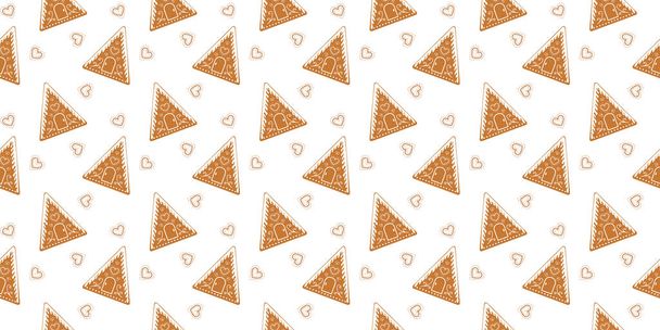 Gingerbread houses background. Glazed biscuit cookies with ornament seamless pattern. Christmas or New Year scrapbooking or wrapping paper or fabric design. Vector flat illustration - Vector, Imagen