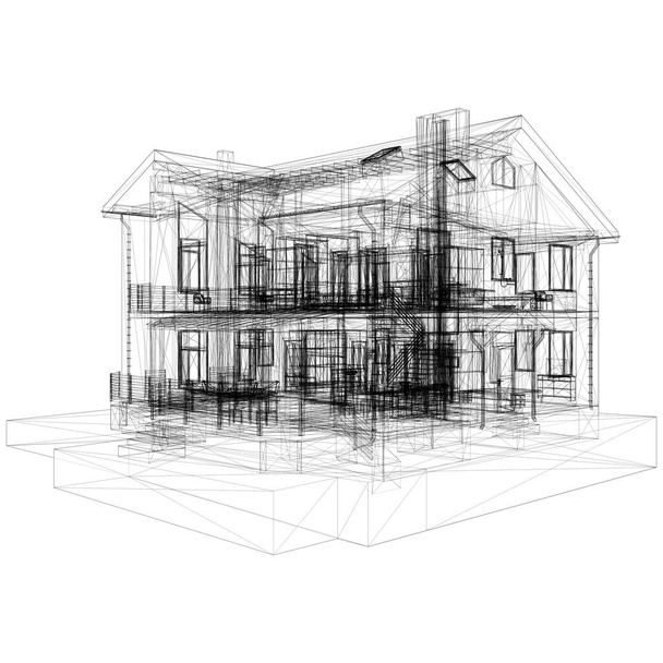 Residential Modern Building House Vector. Illustration Isolated On White Background. A vector illustration Of A Family House. With Hidden Lines - Vector, Image