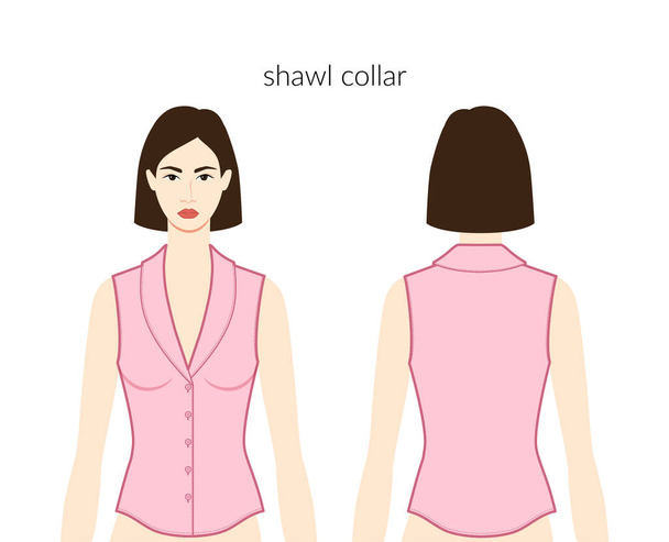 Shawl collar neckline plackets clothes character beautiful lady in pink top, shirt, dress technical fashion illustration with fitted body. Flat apparel template front, back. Women, men unisex mockup - Vector, Image