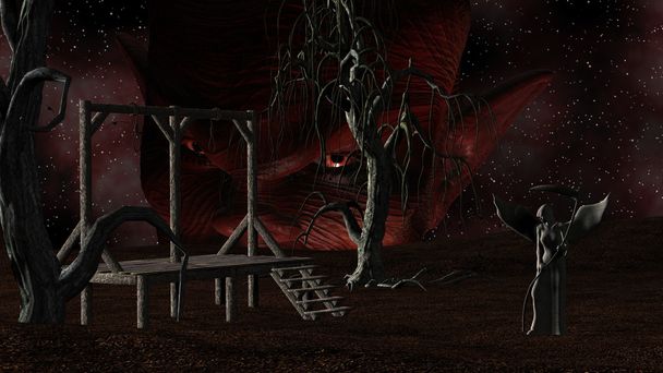 Ange de la mort - fond de nuit effrayant avec potence, corbeaux, arbres effrayants et tête de diable
 - Photo, image