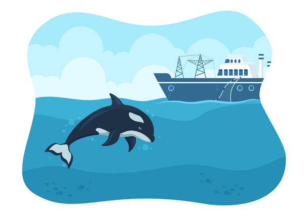 Lov velryb s velrybáři ulovenými ve středu hlubokého moře na prodej v ručně kreslených plochých karikaturách Ilustrace - Vektor, obrázek