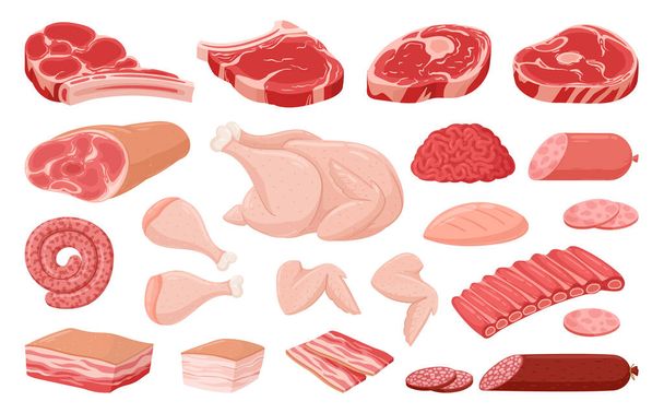 Мультфильм мясо, куриная грудка, ребрышки, свинина и говядина стейк. Сырая мясная еда, бекон, котлеты, говяжий стейк и колбасы плоская коллекция векторных иллюстраций. Мясная лавка - Вектор,изображение