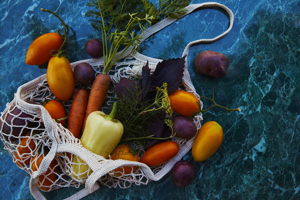 Herbstgemüse - bunte Tomaten, lila Kartoffeln, Paprika, Karotten, Basilikum, Dill in Öko-Einkaufstasche unter trendigen harten Schatten mit reflektierendem Hintergrund. Ökologische Bedenken. Kopierraum - Foto, Bild