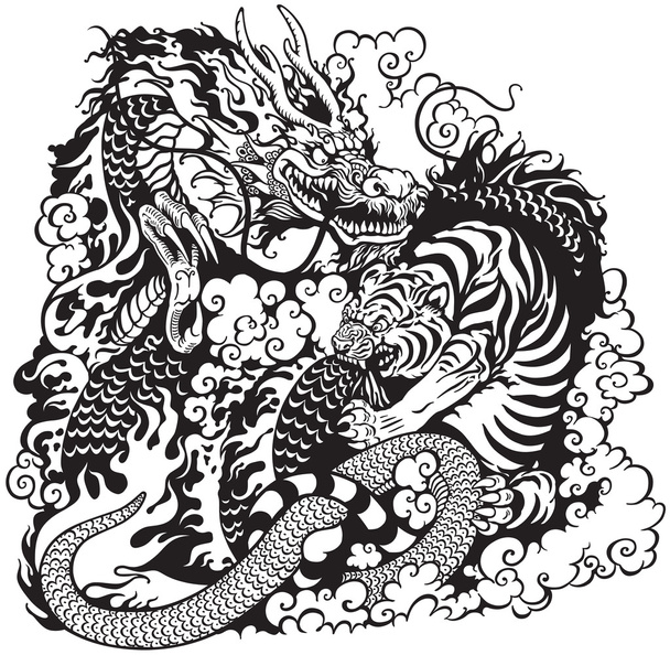 Dragon and tiger fighting - Vector, Image
