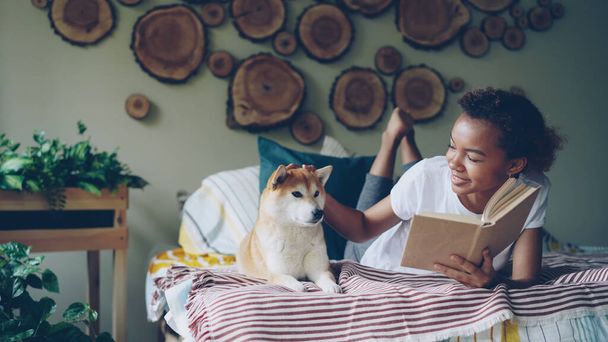 Cheerful African American teenage girl is reading book enjoying literature then stroking her cute shiba inu dog lying on bed near her. Hobby, modern lifestyle and animals concept. - Photo, Image