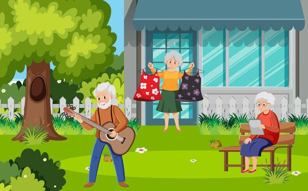 Elderly people doing activity at park illustration - Vector, Image