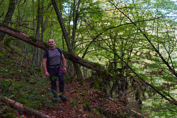 Experienced hiker making his way through an old lush forest on a hiking trail - Фото, зображення
