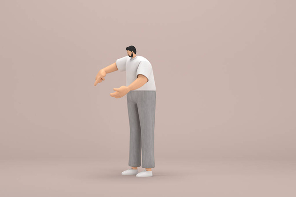 Muž s vousy v šedých manšestrových kalhotách a bílém límcovém tričku. Je to výraz ruky, když mluví. 3D ilustrátor kresleného postavičky v herectví. - Fotografie, Obrázek