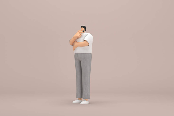 The man with beard wearinggray corduroy pants and white collar t-shirt.  He is expression  of hand when talking. 3d illustrator of cartoon character in acting. - Photo, Image