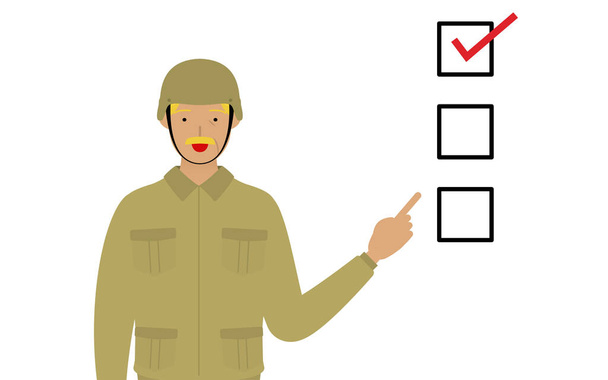 Senior Male Soldier Pose, Pointing to a checklist - Vector, Image