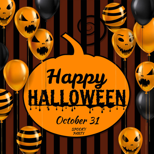 Happy Halloween Hintergrund, Banner mit Luftballons realistisch. Gruseliges Lächeln, Geistersymbole schwarz, orangefarbene Farben. Halloween-Vorlage isoliert - Vektor, Bild