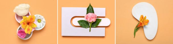 Set of podiums for cosmetic products with flowers on orange background - Photo, Image