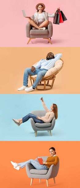 Ensemble de différentes personnes assises dans des fauteuils confortables sur fond de couleur - Photo, image