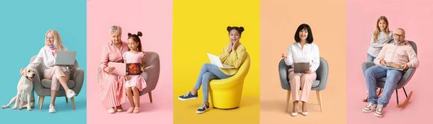 Collage of different people sitting in comfortable armchairs on color background - Fotografie, Obrázek