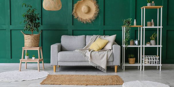 Εσωτερικό του σαλονιού με καναπέ, houseplant και ραφιέρα κοντά στο πράσινο τοίχο - Φωτογραφία, εικόνα