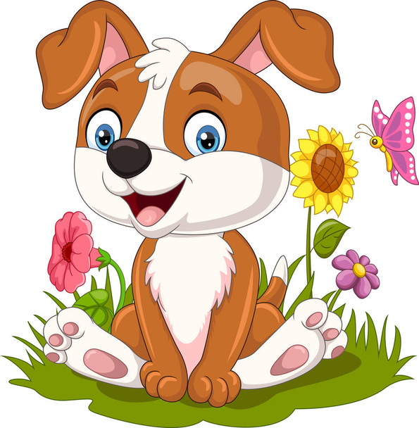 Vector illustration of Cartoon cute little dog sitting in the grass - Vector, Image