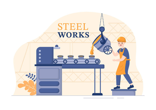 Konstrukcja stalowa z wydobyciem surowców, wytapianiem metalu w odlewni i gorącym nalewaniu stali w płaskiej kreskówce Ręcznie rysowane szablony ilustracji - Wektor, obraz
