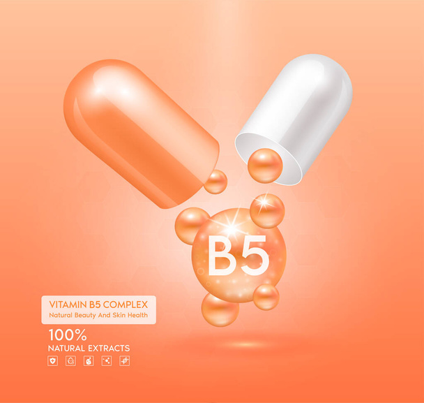 Vitamina B5 capsula arancione. Trattamento con vitamine complesse collagene cura della pelle bellezza. Integratore sanitario anti invecchiamento. Design cosmetico del prodotto di bellezza. 3D realistico su sfondo rosa. Vettore EPS10. - Vettoriali, immagini