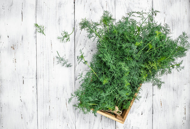 Fresh dill close up on wooden box on light background, preparation for freezing serving size organic healthy ething natural product portion. place for text. - Foto, immagini