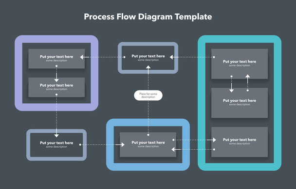 Plantilla moderna simple para diagrama de flujo de proceso - versión oscura. Plantilla plana simple para visualización de datos. - Vector, imagen