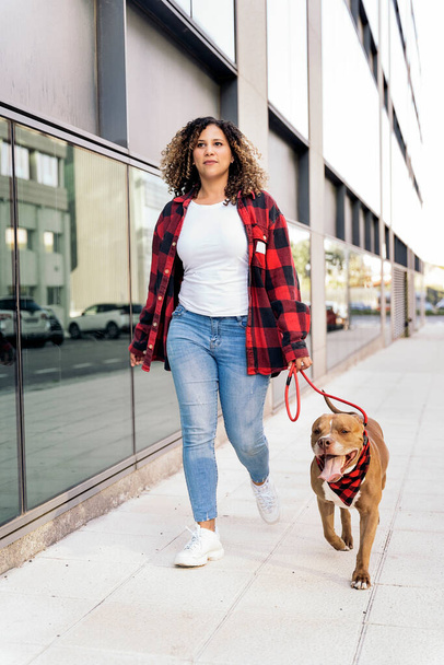 Happy black woman with curly hair walking her dog in the street and having fun. - Zdjęcie, obraz