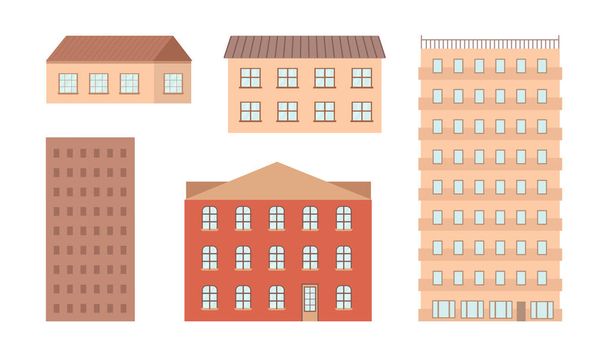 Apartmanok blokkok, ingatlan és lakóház az élet. Házak és otthonok, építkezés, befektetés vagy vásárlás. Vektor sík stílusban - Vektor, kép