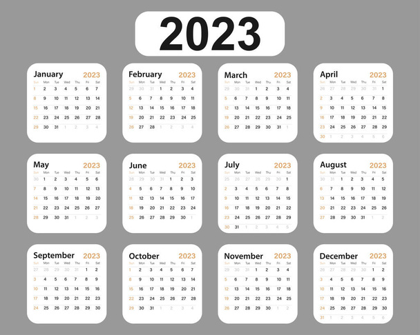 Εικονογράφηση διανύσματος του ημερολογιακού έτους 2023. Η εβδομάδα αρχίζει την Κυριακή. Υπόδειγμα του ετήσιου ημερολογίου 2023. Διάνυσμα - Διάνυσμα, εικόνα