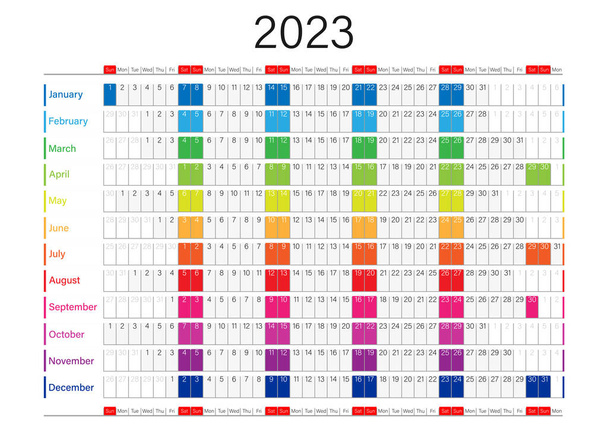 Πολύχρωμο ημερολογιακό έτος 2023 σε λευκό φόντο. Πρότυπο διανύσματος. - Διάνυσμα, εικόνα