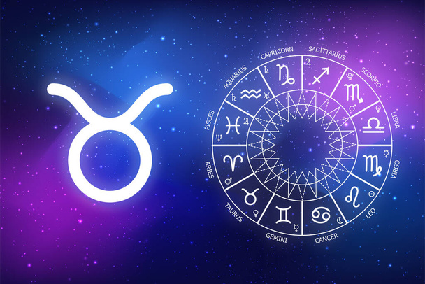 Burç burcu Taurus için astrolojik tahmin. Mavi uzay arka planında ikon boğa. Uzayın koyu mavi arka planında Zodiac çemberi. Astroloji - Fotoğraf, Görsel