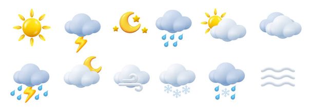 Weather conditions and various forecast icons. Isolated sunshine and thunderbolts, heavy rain and fog, wind and blizzard. Vector in 3d, realistic style. Rainy and sunny weather, clouds and mist - Vector, Image