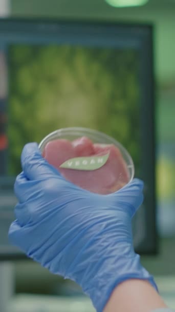 Vídeo vertical: Primer plano de la mujer científica sosteniendo en las manos placa de Petri con carne de res vegana trabajando en el laboratorio de química. Químico analizando la experiencia en alimentos vegetarianos después de ser genéticamente - Imágenes, Vídeo