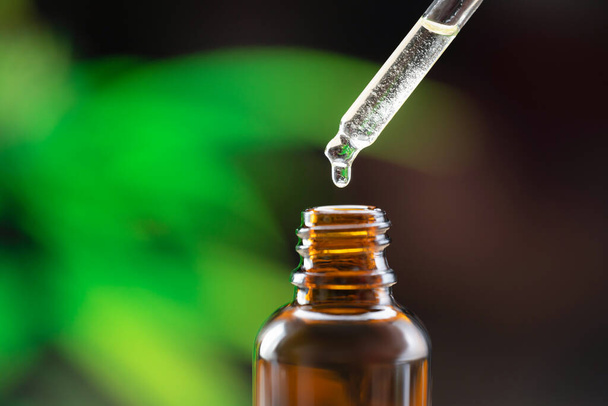 Closeup dropper with CBD oil at the tip, near to the CBD oil container. Legalized CBD oil for the treatment of illness. - Photo, Image