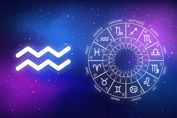 астрологічний прогноз зодіаку Водолія. ікони Aquarius на синьому фоні космосу. Зодіак - коло на темно-синьому фоні космосу. Астрологія - Фото, зображення