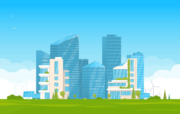 Green modern futuristic city with renewable energy. Big skyscrapers and small buildings with green plants, blue sky and grass. Windmill and solar power energy sustainable futuristic city. - Vecteur, image
