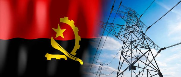 Angola - flaga kraju i słupy elektryczne - ilustracja 3D - Zdjęcie, obraz