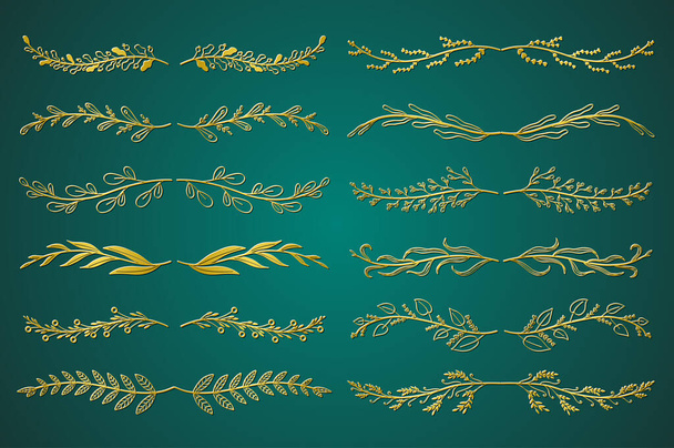 Gold floral ornament dividers set in hand drawn design. Leaves, twigs, plants and branches. Bundle of botanical ornaments scrolls decoration and decorative branch. Vector illustration. - Vector, Image