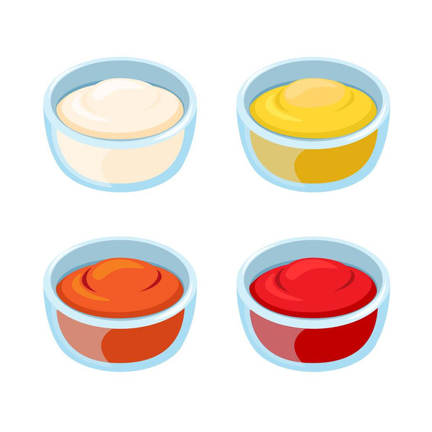 Sauce Mayonaise und Senf in Schüssel Glas Symbolset Cartoon Illustration Vektor - Vektor, Bild