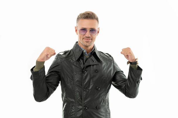 successful adult grizzled guy in glasses isolated on white background. grizzled guy in coat. adult grizzled cool guy. studio shot of grizzled guy. - Фото, зображення