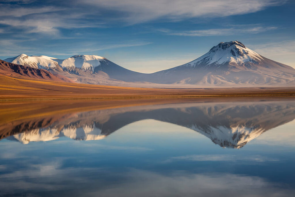 Idyllic Lake Lejia reflection and volcanic landscape in Atacama desert, Northern Chile, South America - Photo, Image