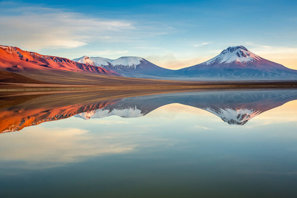 Idyllic Lake Lejia reflection and volcanic landscape in Atacama desert, Northern Chile, South America - Photo, Image