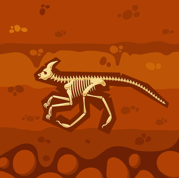 Paleontología Science Concept. Dinosaur Skeleton Bones in Dirt Underground Clay Layer. Arqueología Huesos en capas de suelo. Fósil animal enterrado, lagarto de la muerte en la tierra sucia. Ilustración de vectores de dibujos animados - Vector, Imagen