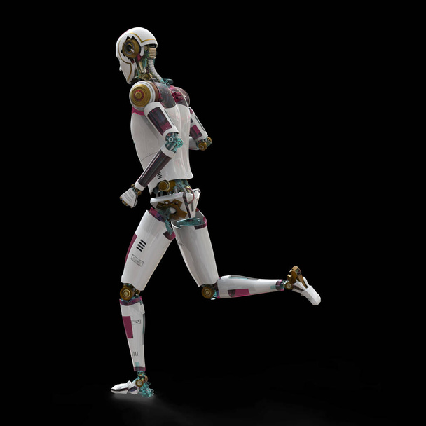 Запуск гуманоидного робота, 3D иллюстрация. Искусственный разум в спорте. Будущее технологий - Фото, изображение