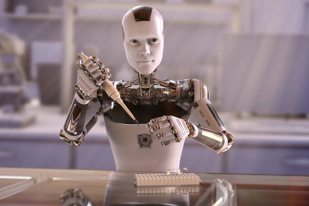 Ένα ανθρωποειδές ρομπότ που εργάζεται στο εργαστήριο με πιπέττα και σωλήνα, εννοιολογική τρισδιάστατη απεικόνιση. Τεχνητή νοημοσύνη, αυτοματοποίηση της επιστήμης, έρευνα και κλινική διάγνωση έννοια - Φωτογραφία, εικόνα